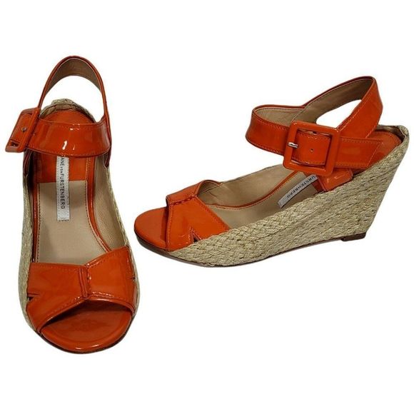 DIANE VON FURSTENBERG 7 Sudan Wedge Espadrille Sandals Orange Patent Ankle Strap - Picture 1 of 11